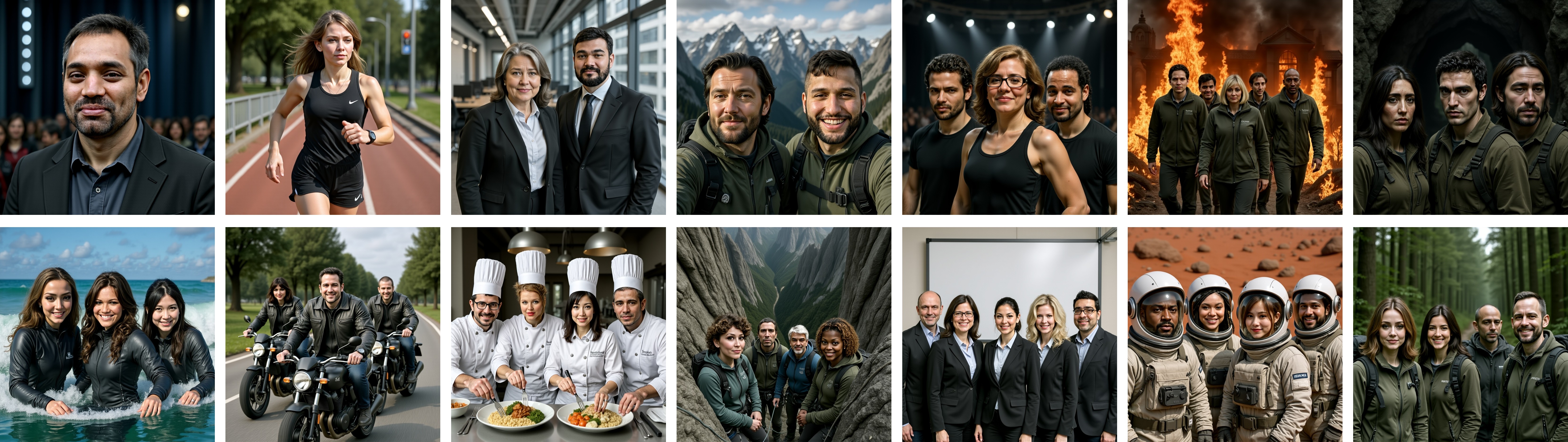 Ar2Can generates photorealistic multi-human scenes preserving individual identities.